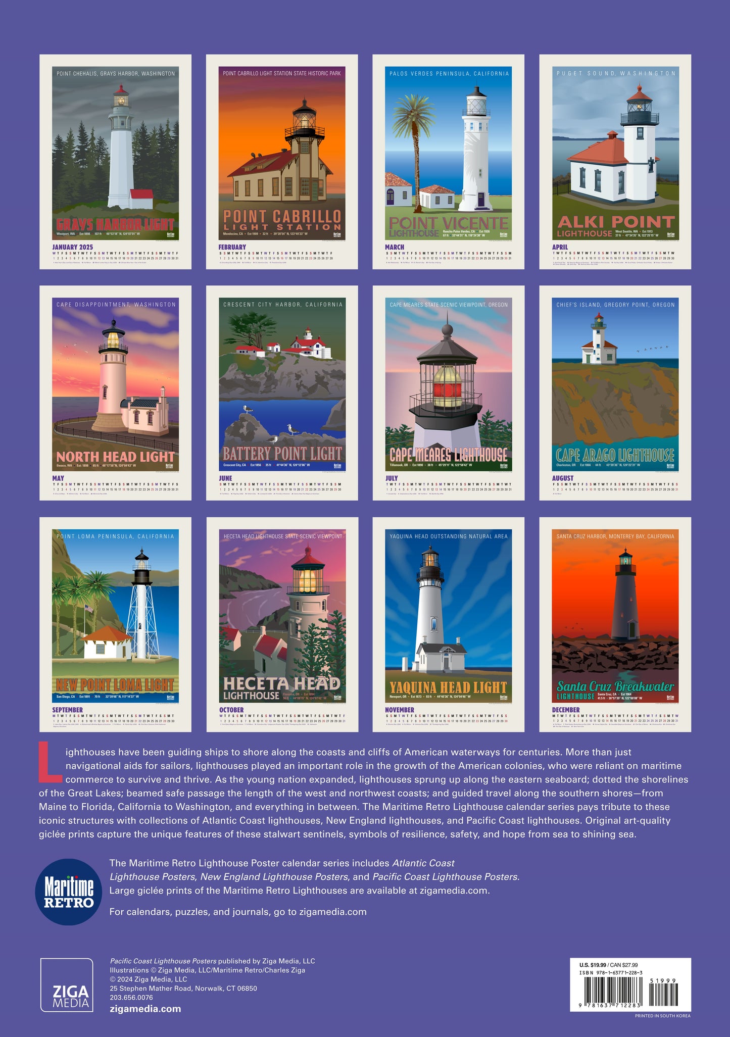 Pacific Coast Lighthouses Oversize Wall Calendar 2025, 13.38'' x 19'' Spiral Bound with Hanger