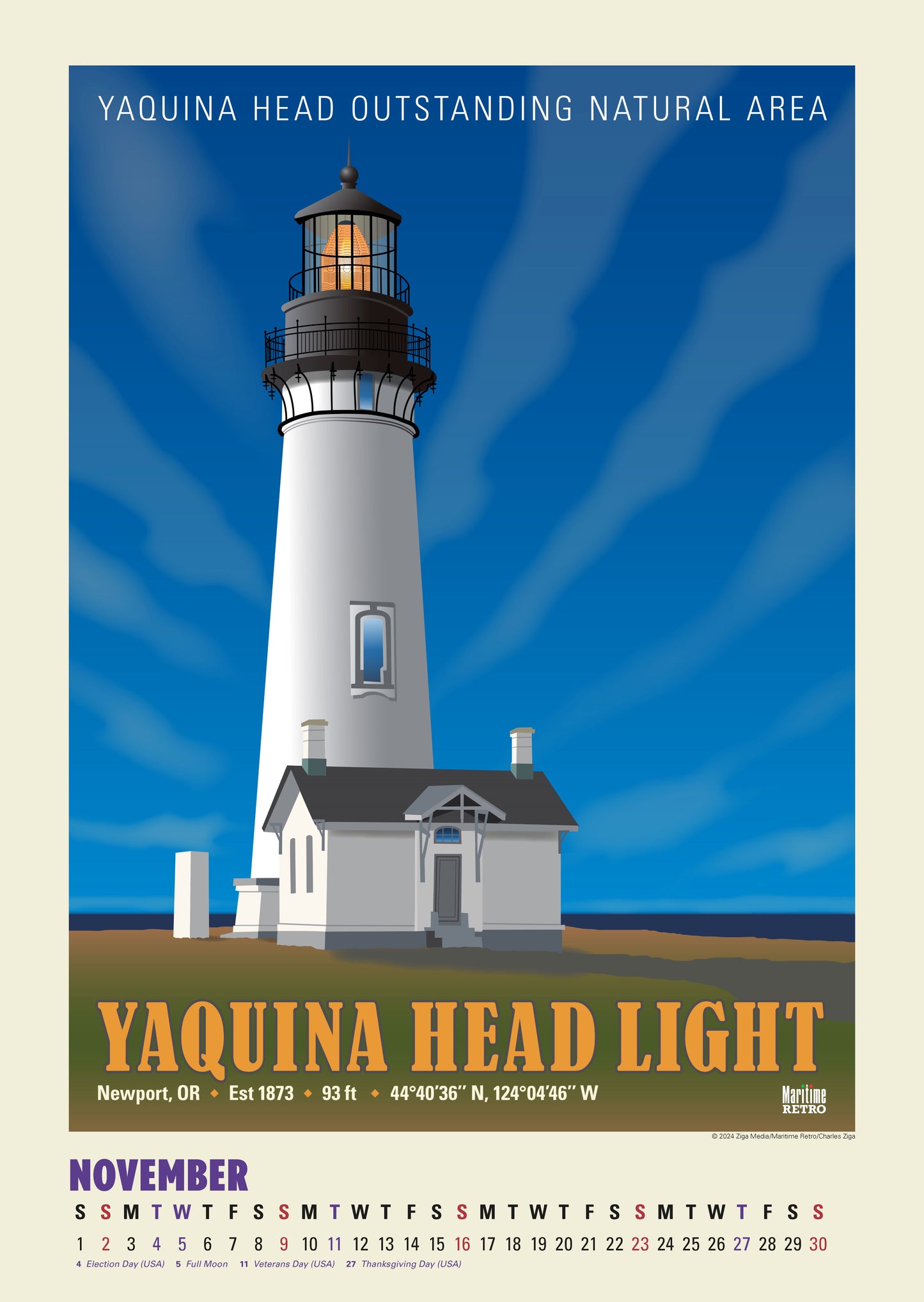 Pacific Coast Lighthouses Oversize Wall Calendar 2025, 13.38'' x 19'' Spiral Bound with Hanger