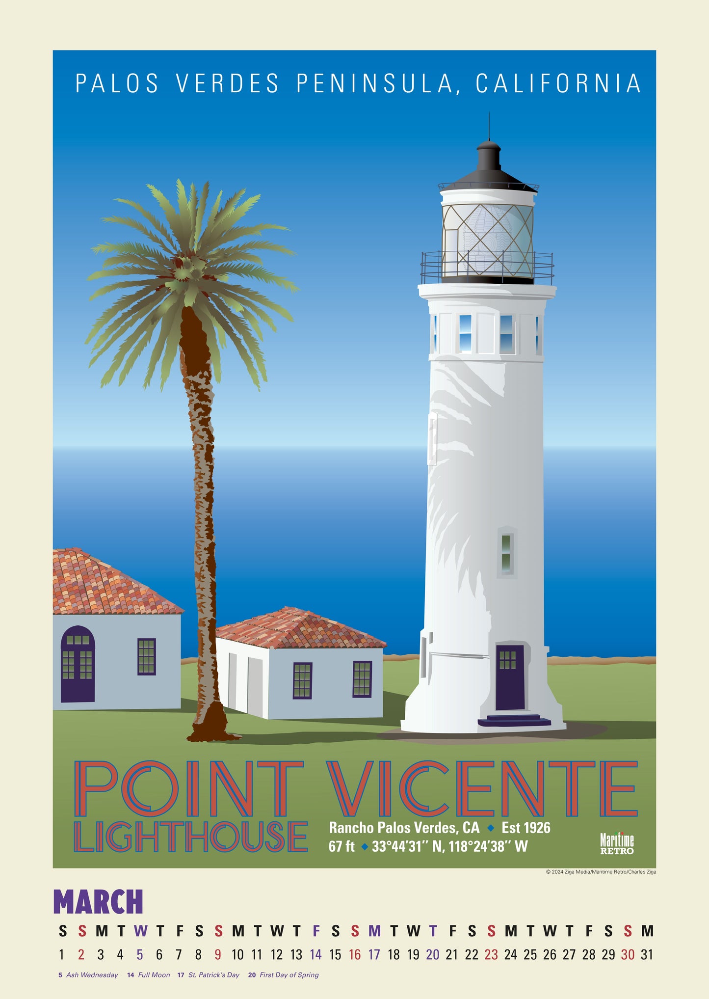 Pacific Coast Lighthouses Oversize Wall Calendar 2025, 13.38'' x 19'' Spiral Bound with Hanger