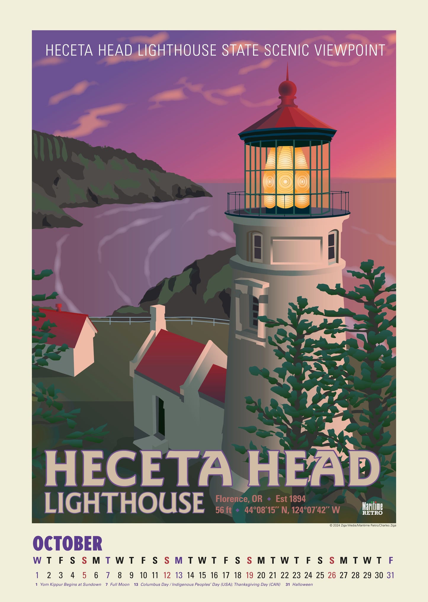 Pacific Coast Lighthouses Oversize Wall Calendar 2025, 13.38'' x 19'' Spiral Bound with Hanger