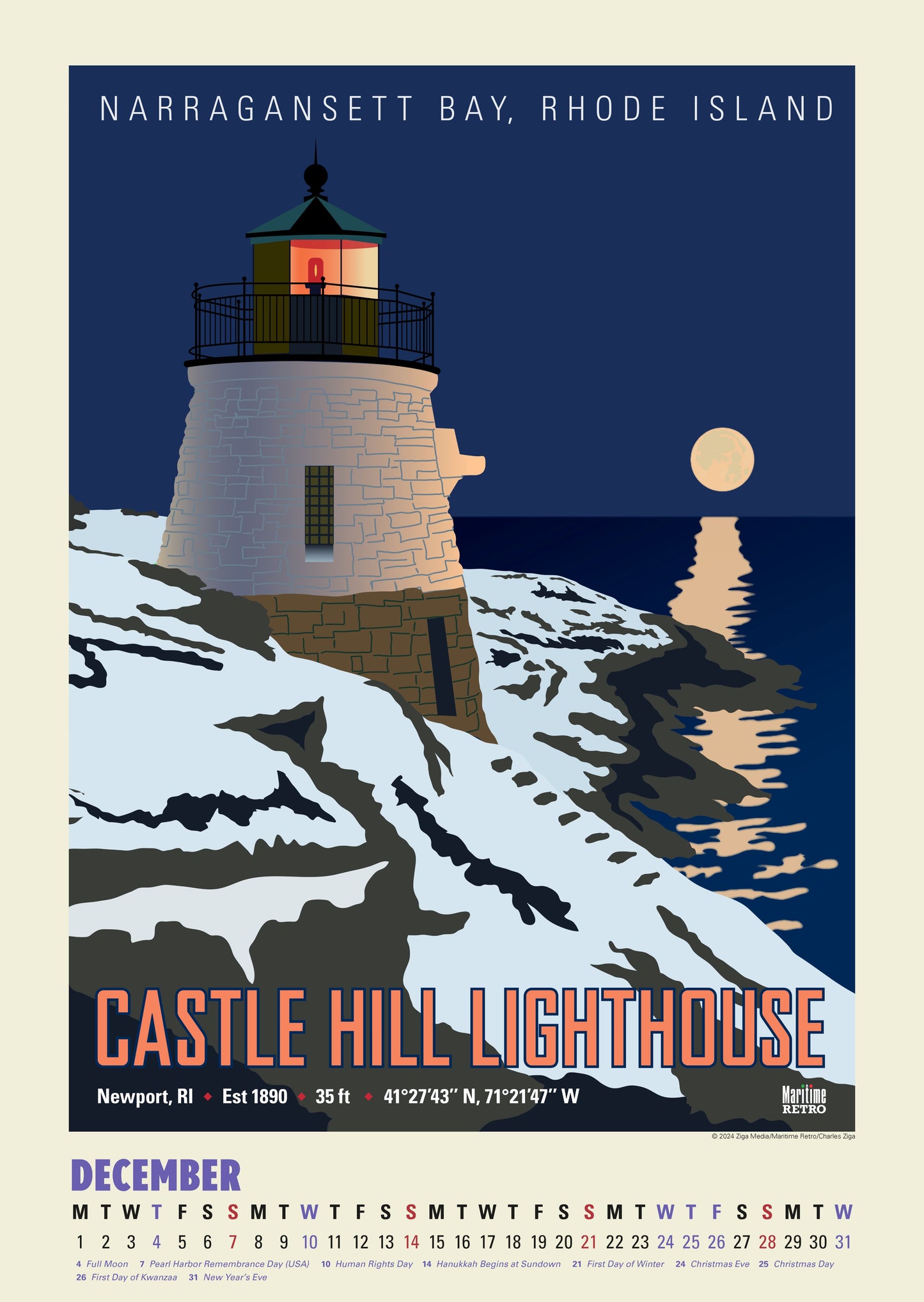 Atlantic Coast Lighthouses Oversize Wall Calendar 2025, 13.38'' x 19'' Spiral Bound with Hanger