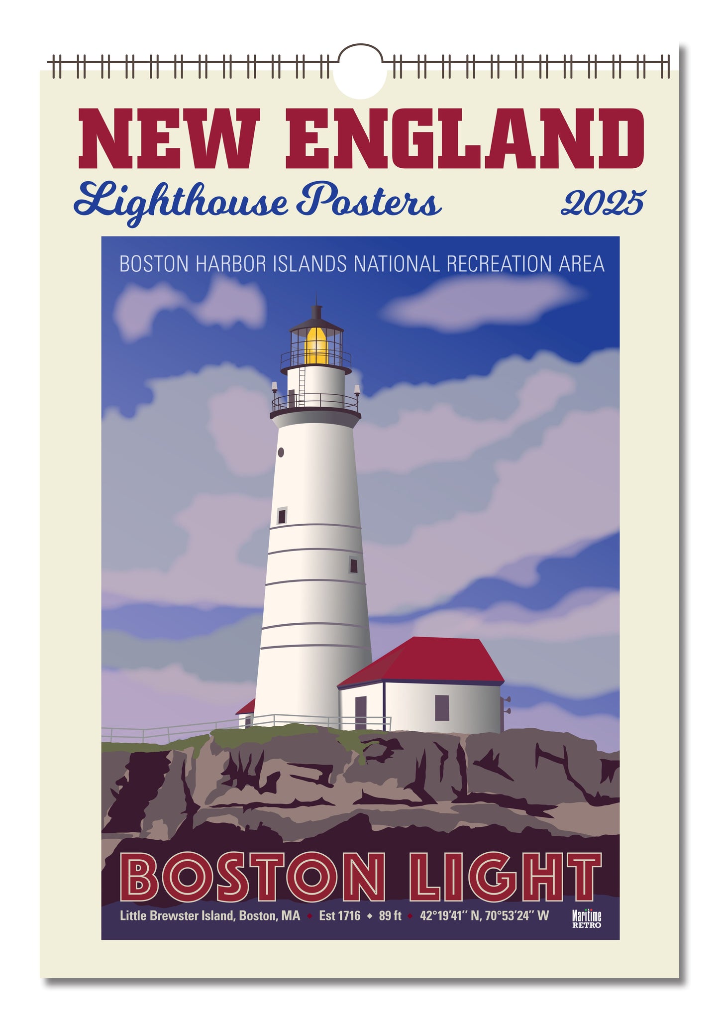 New England Lighthouses Oversize Wall Calendar 2025, 13.38'' x 19'' Spiral Bound with Hanger