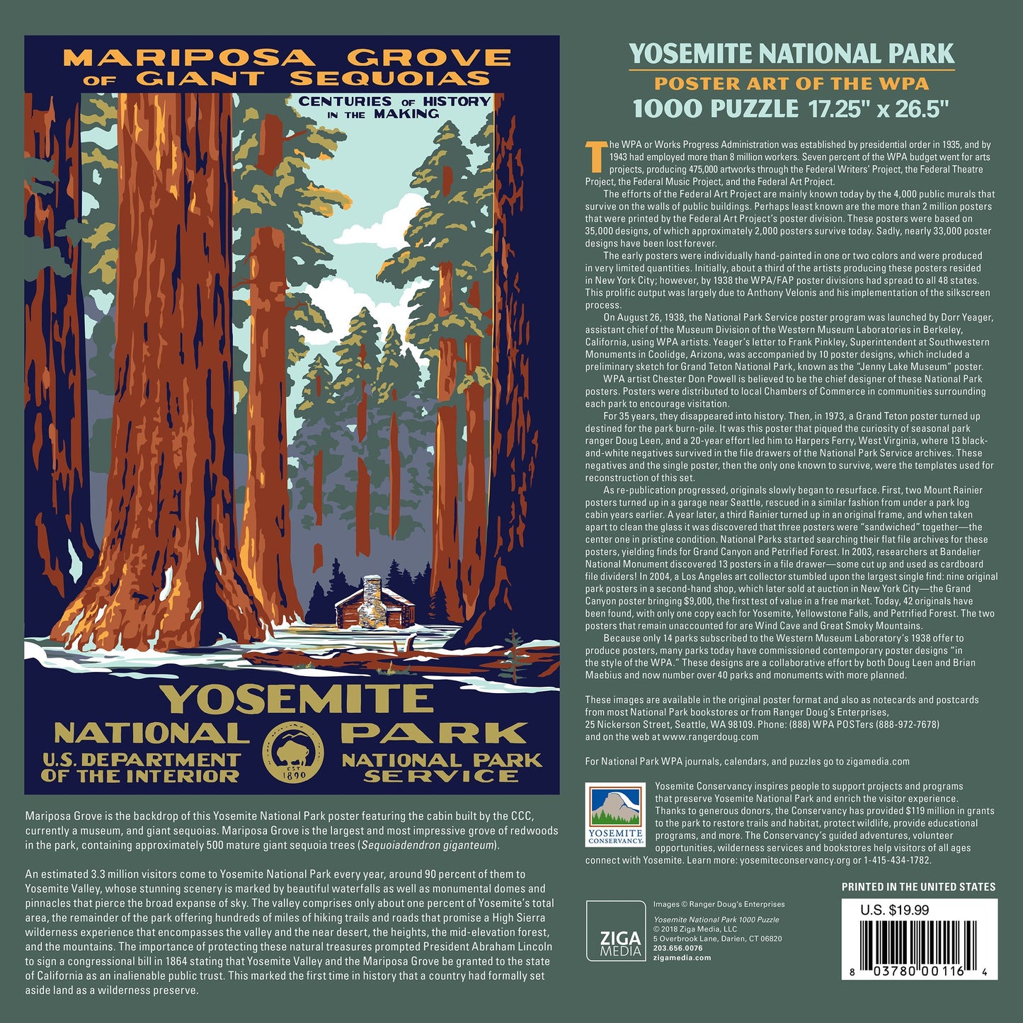 Yosemite National Park Poster Art of The WPA 1000 Jigzaw Puzzle (Printed in USA) - Ziga Media