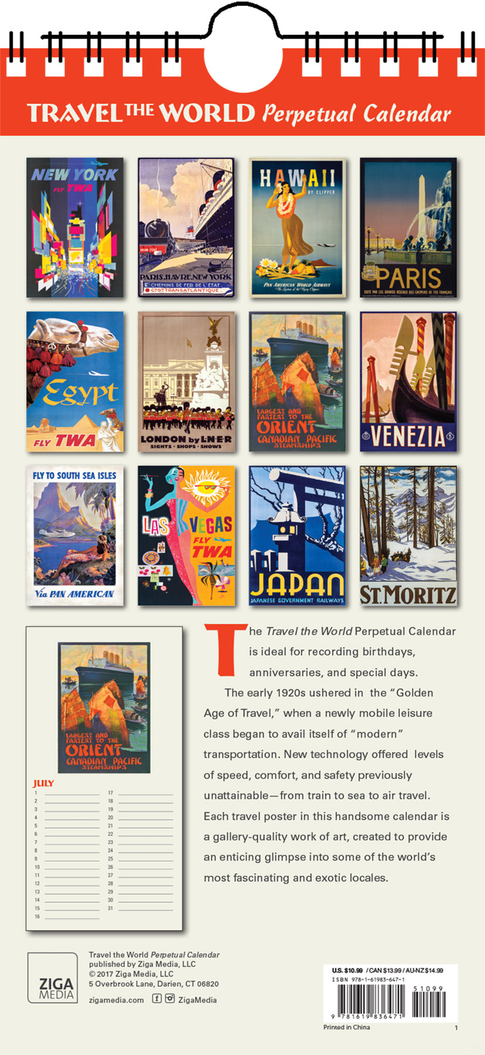 Travel the World Historic Travel Posters Perpetual Calendar Birthday Anniversary - Ziga Media