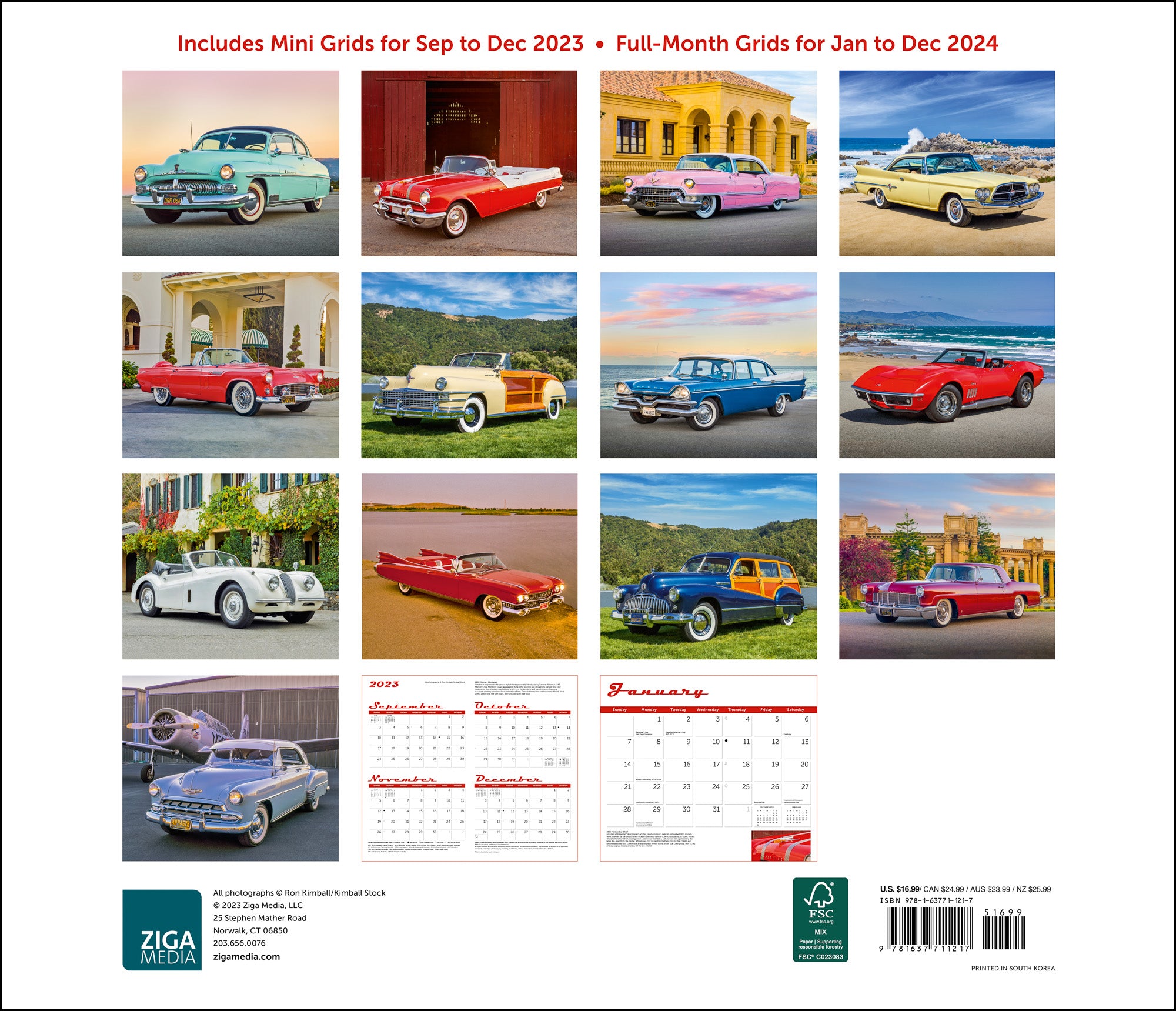 2024 Wall Calendar 12 pages 8x12 Classic Cars Vintage Poster Art Deco-