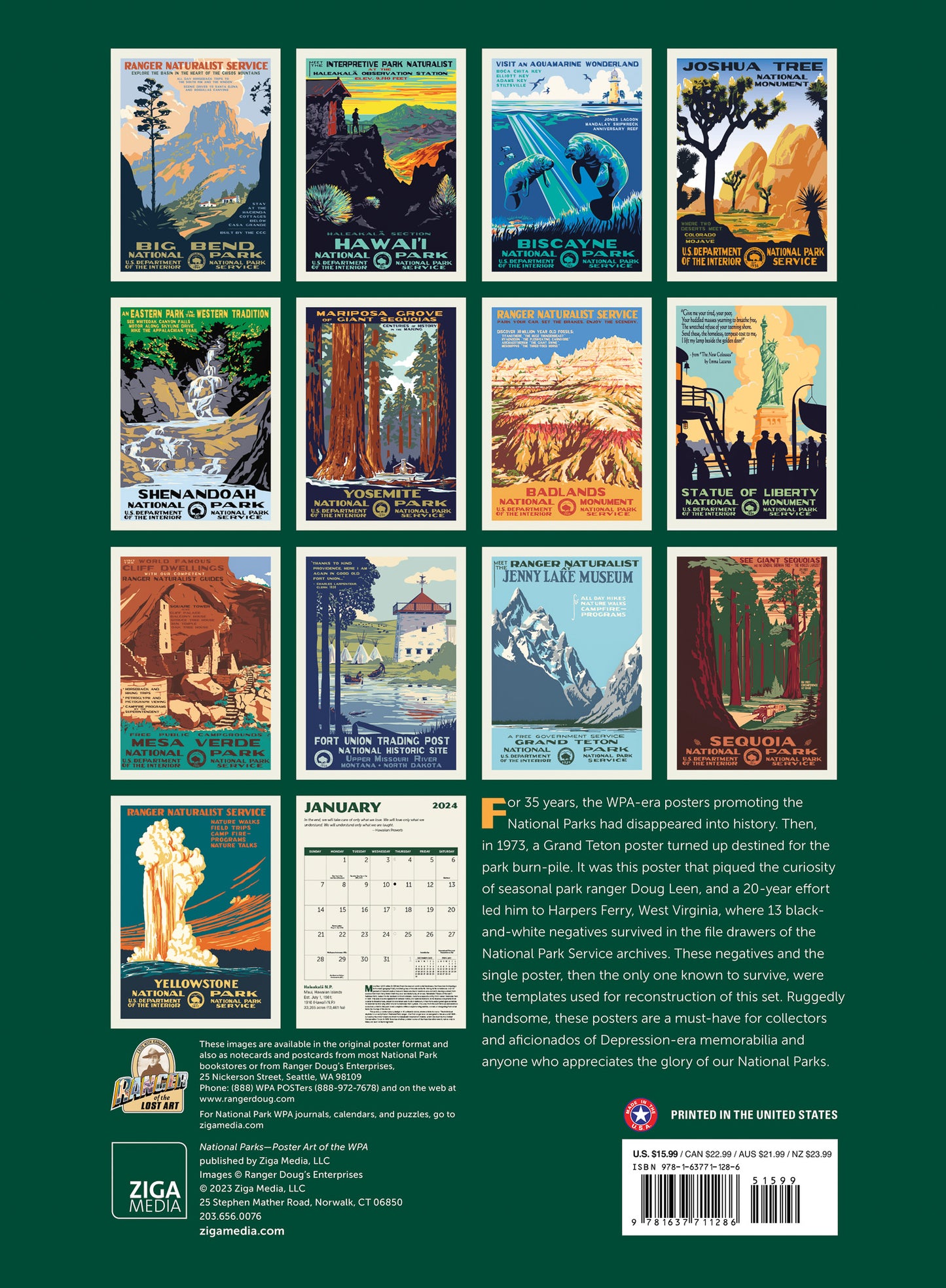 National Parks GRID—WPA Wall Calendar 2024, Monthly January-December 8.75'' x 12" (Made in USA)