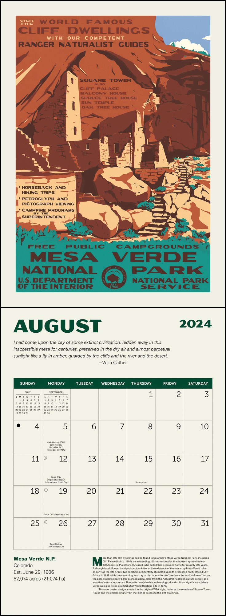 National Parks GRID—WPA Wall Calendar 2024, Monthly January-December 8.75'' x 12" (Made in USA)