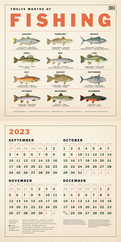 Twelve Months of Fishing Wall Calendar 2024, Monthly January-December 12'' x 12"