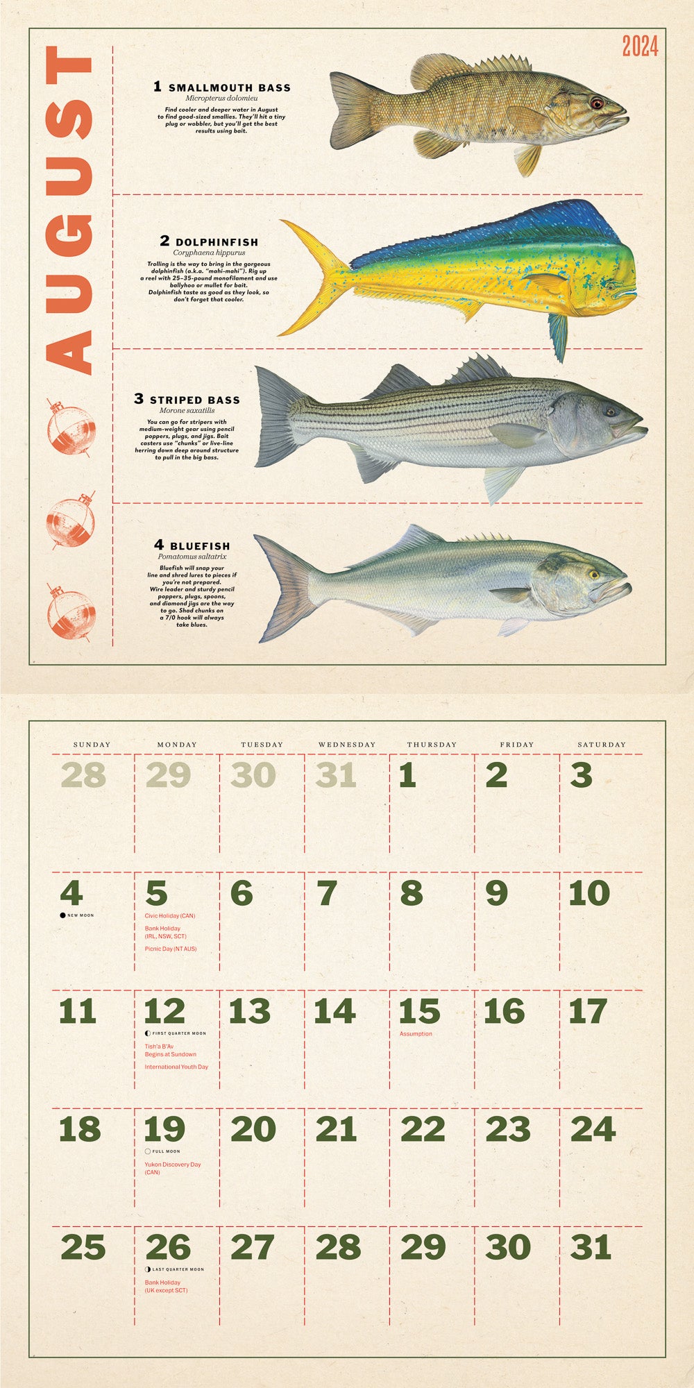 Twelve Months of Fishing Wall Calendar 2024, Monthly January-December 12''  x 12